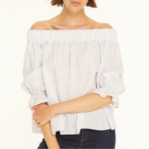 HARSHMAN GRUNER OFF-SHOULDER PUFF-SLEEVE BLOUSE IN‎ WHITE LAVENDER STRIPE  3x